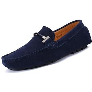 Loafers for heren Nubuckleer met vierkante neus Rijstijl Loafer Comfortabele flexibele platte hak Bruiloft instapper (Color : Deep Blue, Size : 46.5 EU)