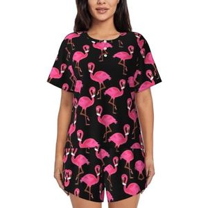 Mooie roze flamingo's print dames zomer zachte tweedelige bijpassende outfits korte mouw pyjama lounge pyjama sets, Zwart, L