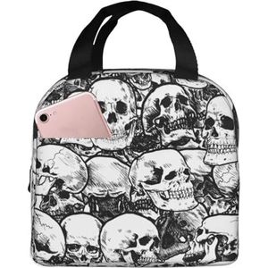 SUHNGE Zwart-wit schedels patroon print geïsoleerde lunchtas Rolltop lunchbox draagtas voor vrouwen, mannen, volwassenen en tieners