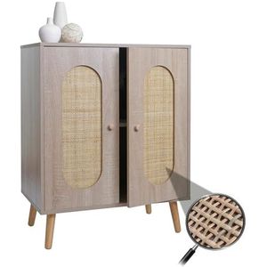 Commode HWC-M35, kast sideboard highboard, opbergvakken, kubu rotan hout melamine, eiken look