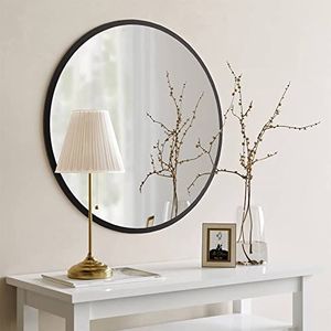 Gozos Moderne Industriële Spiegel Obejo, Zwart - Ronde wandspiegel met houten voet en bevestigingsmateriaal inbegrepen - Afmetingen 78 x 78 x 3 cm - Ronde spiegel ideaal als decoratief item