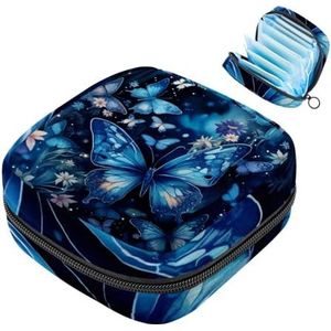 MUOOUM Blauwe Vlinders Bloem Patroon Maandverband Opbergtas Menstruatie Pad Tas Draagbare Menstruatie Cup Pouch met Rits voor Tiener Meisjes Vrouwen Dames