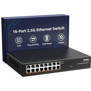 YuanLey Umanaged Ethernet-switch met 16 poorten, 2,5 GB, 16 x 2,5 G Base-T-poorten, compatibel met 100/1000/2500 Mbps, metalen ventilatorloos, desktop/rackmontage YuanLey 2,5 Gigabit netwerkswitch