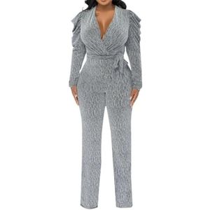QUYBSGWJ Dames V-Hals Geplooide Pof Lange Mouwen Casual Chique Effen Herfst Jumpsuits Met Riem,Zilver,L