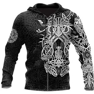 Noorse Odin Warrior Tattoo Viking Hoodie,Heren Pullover Met 3D Digitale Print Rits,Volwassen Mode Gotisch Middeleeuws Sweatshirt Met Lange Mouwen Plus Maat S-5XL