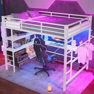 Arhatreya Hoogslaper, 140 x 200 cm, kinderbed met bureau en led, tienerbed met 3 laden, metalen bed met stopcontact + USB, eenpersoonsbed, voor kinderen, jongeren, slaapkamer (zonder matras), wit