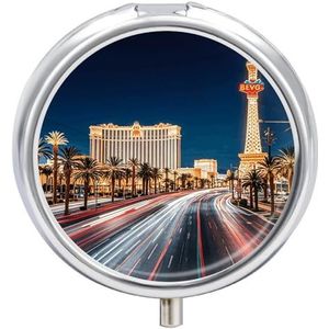 Las Vegas Night Pillendoos, kleine metalen pillendoosje voor portemonnee of zak, pillenorganizer met 3 compartimenten, draagbare pillendoos, mini-pillenbakje om vitamines en visolie vast te houden