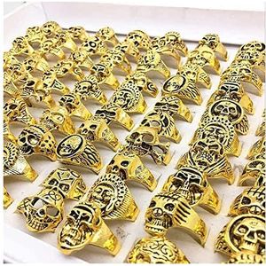 Ringen 10 stks ring set gemengde veel mannen dames goud en zilver kleur vintage schedel punk stijl fietser zinklegering sieraden 925 Sterling Zilver Ring (Size : Gold)