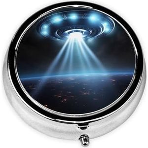 UFO Ruimteschip Print Pillendoos 3 Compartimenten Kleine Pillenhoes met Spiegel Pillen Organizer voor Outdoor Reizen Pocket Purse