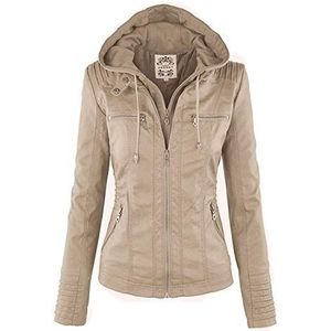 GHJdhygy Herfst En Winter Dames Imitatie Leer Rits Met Capuchon Leren Jas Lange Mouw Reis Gewoontjes Jas,Beige,L