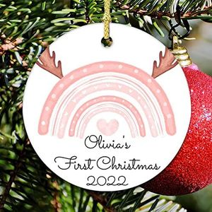 2022 Baby Eerste Kerst Herten Gewei Roze Regenboog Kerst Keramische Ornament Kerstboom Decor Dubbelzijdig Keepsake Thuis Geschenken Voor Kinderen Vrouwen Tiener Meisjes