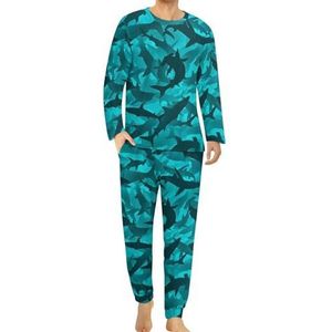 Shark Walvis Comfortabele heren pyjama set ronde hals lange mouwen loungewear met zakken 4XL
