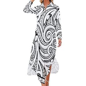 Maori Maxi-jurk voor dames, etnische stijl, lange mouwen, knoopjurk, casual feestjurk, lange jurk, S