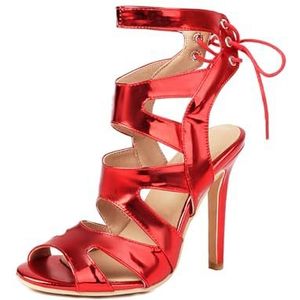 MRKEWUNEY Damess Shiny Gladiator Bootie Slingback Veter-Up Stiletto Bootie Gluren Teen Enkellaarzen Sandalen Cutout Caged Zomer Bootie Red Size 34