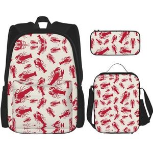 SUHNGE Tropische flamingo's print schoolrugzak 3-in-1 boekentas set met lunchbox etui reizen laptop dagrugzakken, Rode kreeft, Eén maat