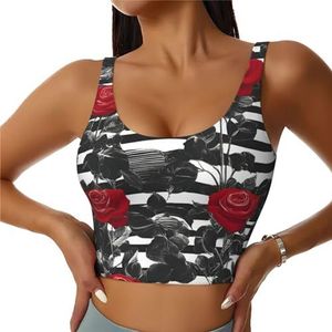 Zwart Wit Strepen Rode Rose Bloemen Print Comfortabele Vrouwen Sport Vest Yoga Workout Vest Voor Vrouwen Lichtgewicht Zomer, Zwart, S