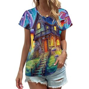 Mushroom Houses Dames V-hals T-shirts Leuke Grafische Korte Mouw Casual Tee Tops 4XL
