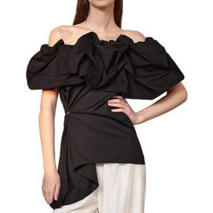 HGKPFGTG Dames Tanktop met Ruches En Off-Shoulder Elegante Blouse met Korte Mouwen Strapless Geplooide Bandeau Overhemd,zwart,L