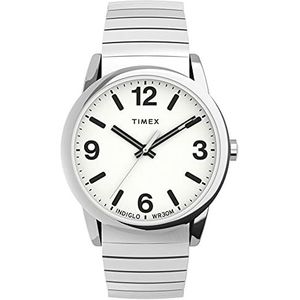 Timex Heren Easy Reader Bold 38mm Perfect Fit Horloge, Zilverkleur/Wit, Large, armband