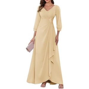 KIYNE Dames lange mouwen moeder van de bruid jurken ruches geplooide chiffon formele jurk avond party jurk, Champagne, 32
