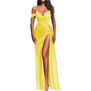 KIYNE Zeemeermin satijnen baljurk met split voor dames, geplooide off-shoulder baljurk korset, formele avondjurk, Geel, 32