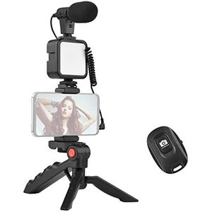 Camnoon Telefoon vlog videokit met tafelstatief telefoonhouder met koude schoen microfoon LED video light remote shutter