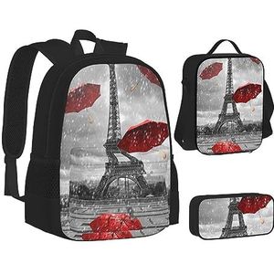 BONDIJ Grote olifanten rugzakken voor school met lunchbox etui, waterbestendige tas voor jongens meisjes leraar geschenken, Eiffeltoren met rode paraplu, Eén maat