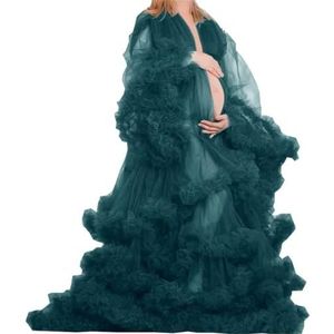 Lange Mouw Geplooide Moederschap Tule Gewaad Voor Fotoshoot Zwangere Badjas Pure Lingerie Nachtjapon AH151, Turkoois, 36