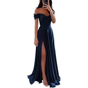 Satijnen bruidsmeisjes jurken voor bruiloft met off-shoulder V-hals formele feestjurken, Blu Navy, 36