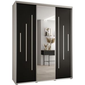 MEBLE KRYSPOL Davos 13 190 Kledingkast met drie schuifdeuren voor slaapkamer - Moderne Kledingkast met spiegel, kledingroede en planken - 235,2x190x45 cm - Wit Zwart Zilver