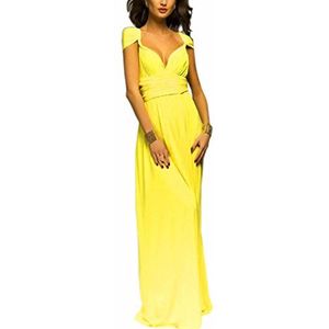 EMMA sexy maxi-jurk voor dames, elegant, V-hals, open rug, bindstrikje, geplooide avondjurken, mouwloos, schoudervrij, cocktailjurk, geel, S