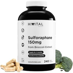 Sulforafaan 150 mg. 240 veganistische capsules voor een behandeling van 4 maanden. Natuurlijk Broccoli-Extract, geconcentreerd 10:1 op 10% Sulforafaan, dat 150 mg Sulforafaan levert. Door HIVITAL
