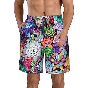 PHTZEZFC Kleurrijke succulente print heren strandshorts zomer shorts met sneldrogende technologie, lichtgewicht en casual, Wit, L