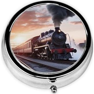 Ronde pillenetui voor portemonnee of zak, 2 compartimenten, medicijnpillendoos, draagbare kleine pillenorganisator, stoomtrein, vertrek bij zonsondergang, pillendoos, reisgeneeskunde, vitamine