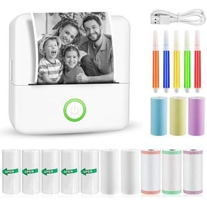 GuKKK Mini-printer, mobiele fotoprinter, draagbaar, draadloze thermische printer, met 13 rollen printerpapier en 5 kleurpotloden, smartphone bluetooth, voor lijst, dagboek