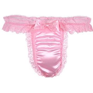 Satini Satijn Kant met ruches Sissy String Tanga Knickers Broekje Satijnen broekjes Ondergoed (Babyroze - Babyroze, XL)