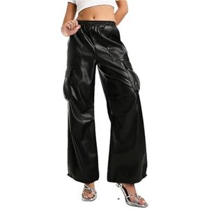 Vrouwen Pu Wijde Pijpen Broek Zwart Casual Losse Broek Hoge Taille Vintage Flare Broek Zwart XXL