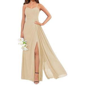 KURFACE Spaghetti Strap Chiffon Bruidsmeisjesjurken voor Vrouwen Geplooid Korset Mouwloze Formele Jurk Avondjurk, Champagne, 32
