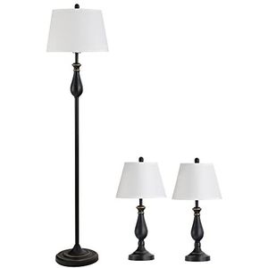 HOMCOM set van 3 lampen 2 tafellampen (ø38 x 158 h cm) + 1 staande lamp (ø30 x 62 h cm) vintage, zwart + wit, metaal, PS, polyester, katoen, E27-lampvoet