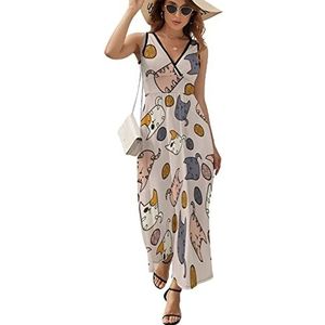 Katten met wolbal casual maxi-jurk voor vrouwen V-hals zomerjurk mouwloze strandjurk S