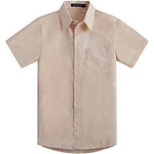 Spring&Gege Effen formele katoenen twill overhemden met korte mouwen voor jongens, Licht Beige, 5-6 jaar