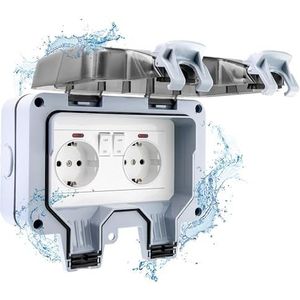 Poppstar Waterdicht Stopcontact voor Buiten IP66 (2-voudig met Klapdeksel, Afsluitbaar), Lichtgrijs