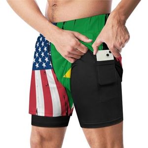 USA Brazilië Split Vlag Grappige Zwembroek met Compressie Liner & Pocket Voor Mannen Board Zwemmen Sport Shorts