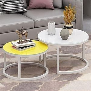 Moderne kamer koffie tafel ronde nesteltafel tafel gehard glas nesttafel set van 2, moderne accent bijzettafel, kamer sofa tafel voor kleine ruimtes, metalen poten eenvoudige montage (kleur: wit+geel