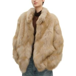 HGKPFGTG Dames Imitatiebont Jas Slim Fit Mode Opstaande Kraag Lange Mouwen Pluizig Elegant Fuzzy Winterjasje,Khaki,L