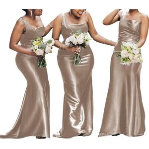 Een schouder satijnen zeemeermin bruidsmeisjes jurken lang voor vrouwen geplooide formele bruiloft gast feestjurken, Taupe, 42