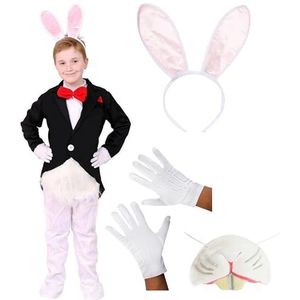 Kinderen wit konijn kostuum - medium - konijn kostuum met bijgevoegde zwarte jurk jas en konijn oren - jongens meisjes wonderland konijn wereld boek dag kostuum