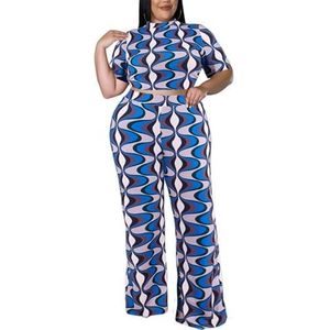 Dames Plus Size Boho 2-delige Outfit Mode Mock Hals Gedrukt Crop Top Met Korte Mouwen En Casual Lange Broek Met Wijde Pijpen (Color : Blue, Size : XL)