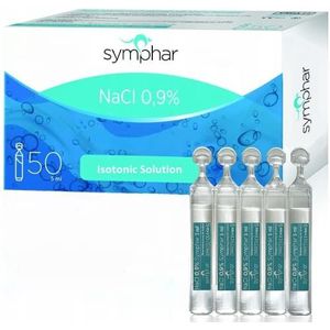 Symphar NaCl 09% natriumchloride voor inhalatie - steriele isotone zoutoplossing 0,9 voor luchtwegbevochtiging, oog, neus, 50 x 5 ml eenheidsdosisflacons, luchtbevochtigende luchtweg, hoogwaardig