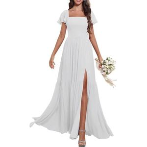 KURFACE Dames fladdermouwen V-hals chiffon bruidsmeisjesjurken met split geplooide lange avond formele feestjurk, Wit, 32